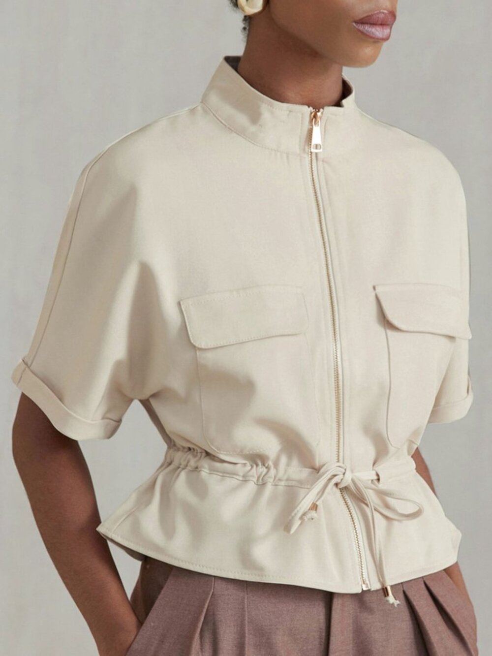 Beige Casual Women's Short Utility Shirt